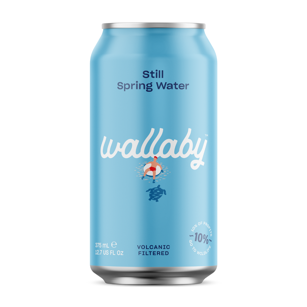 A light blue aluminum can of Wallaby Still Spring Water on a plain white background. The can features the brand name 'wallaby' in white script, a small illustration of a person in a red life jacket and blue life vest, and text indicating it is volcanic filtered and 10% less carbonated.