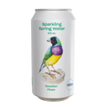 A 375 mL can of Sparkling Spring Water featuring a colorful Gouldian Finch illustration on a white background.