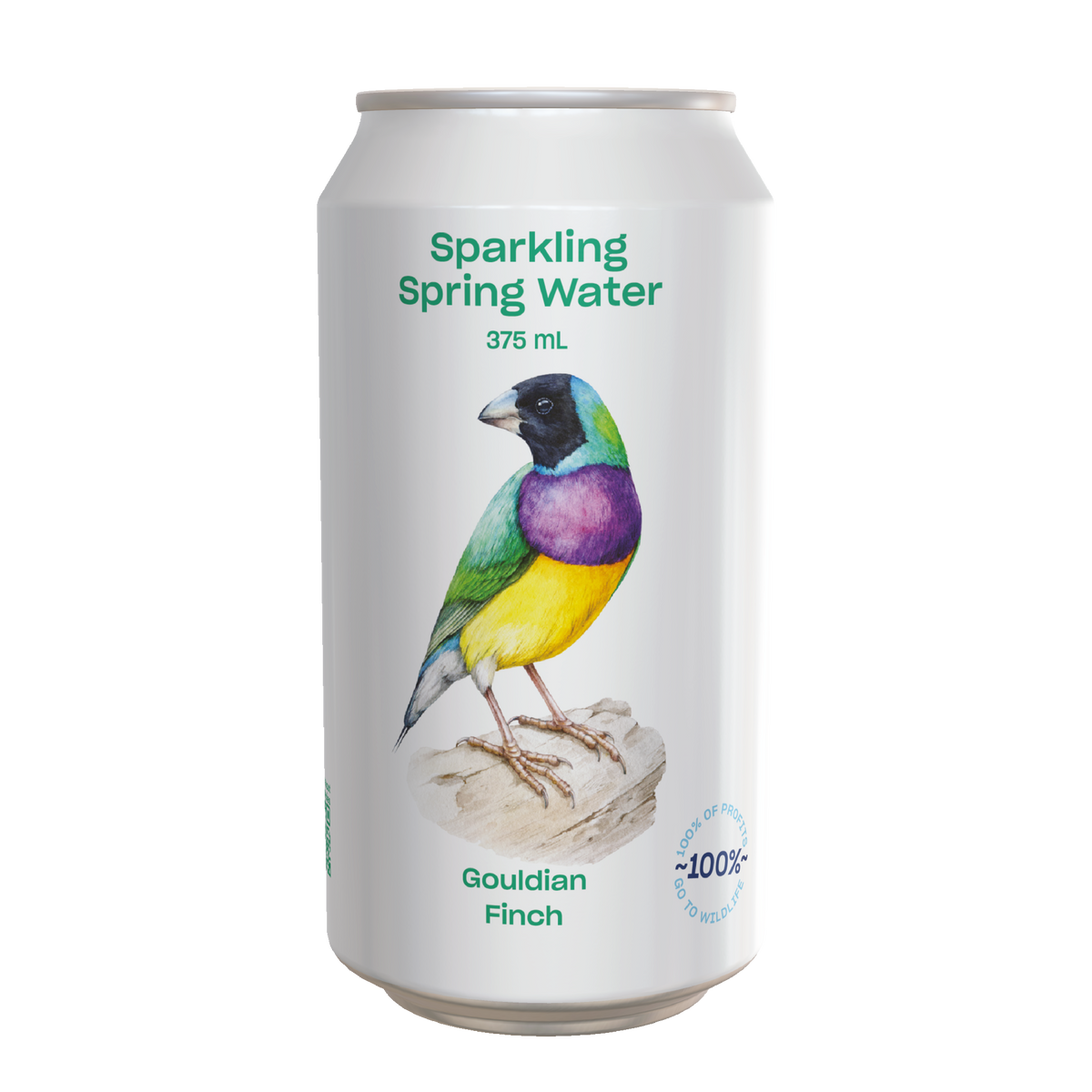 A 375 mL can of Sparkling Spring Water featuring a colorful Gouldian Finch illustration on a white background.