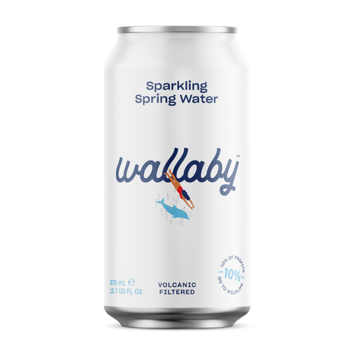 A white aluminum can of Wallaby Sparkling Spring Water with blue text and a small blue-and-orange fish graphic, shown on a clean white background.